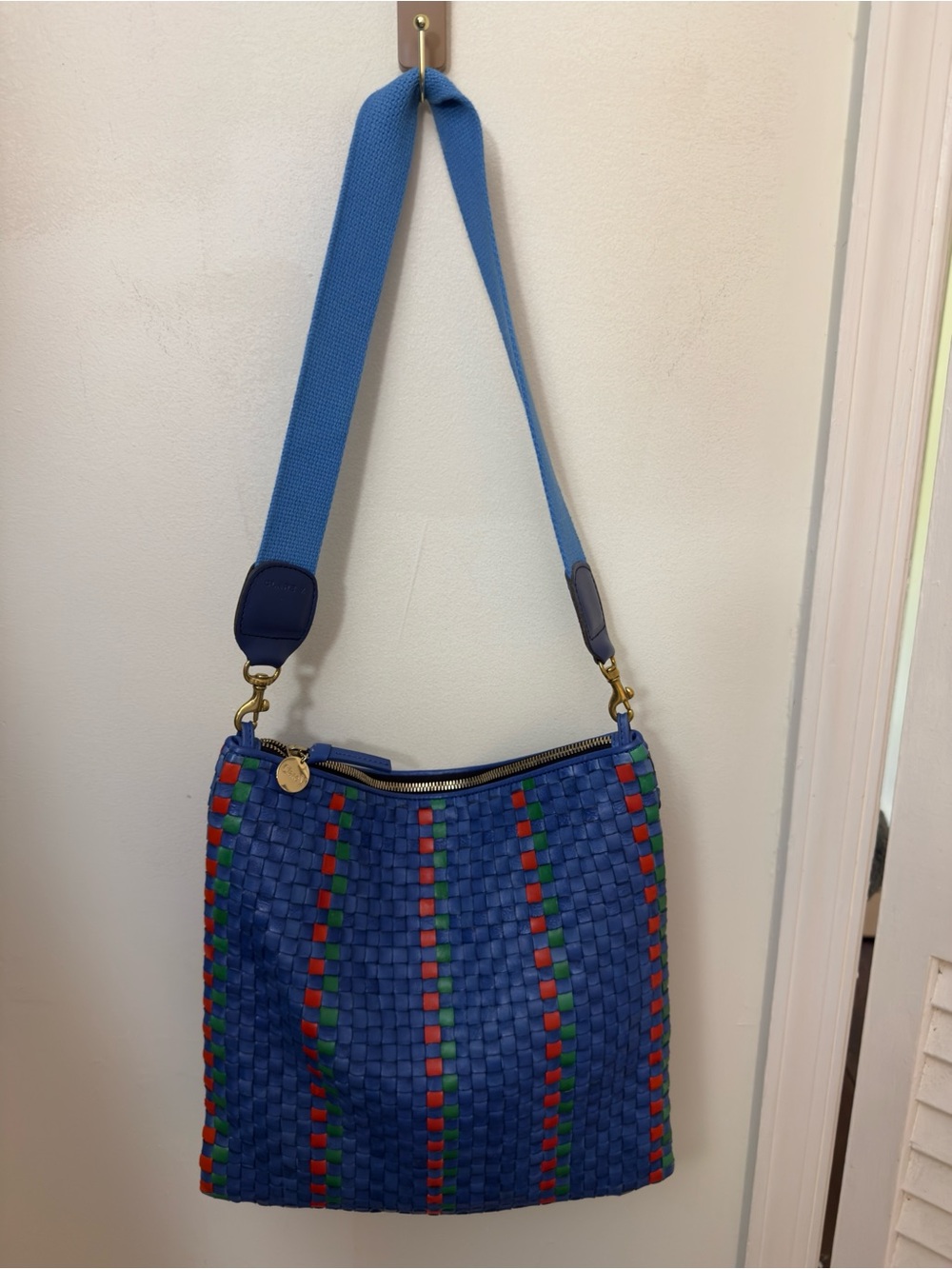 Rare Clare V. Handwoven Leather Messenger Bag Blue Red Green Checkered Stripe - Picture 3 of 15